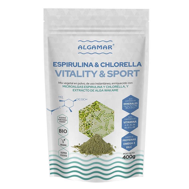 Vitality & Sport Espirulina Chlorella y Extracto de Wakame Algamar Bio 400g