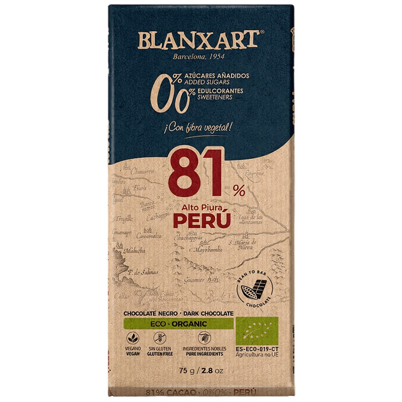 Chocolate Negro sin Azúcares Perú 81% Blanxart Bio 75g