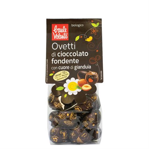 Huevos de Chocolate Negro con Corazón de Gianduia Baule Volante Bio 100g