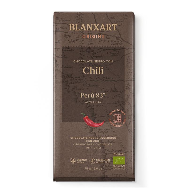 Chocolate Negro Perú 83% con Chili Blanxart Bio 75g