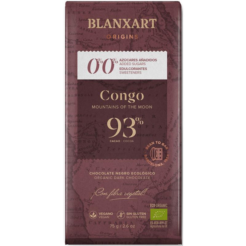 Chocolate Negro sin Azúcares Congo 93% Blanxart Bio 75g